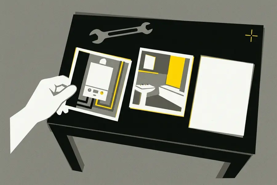His job photographs are laid on a steel bench, a hand placing one more.